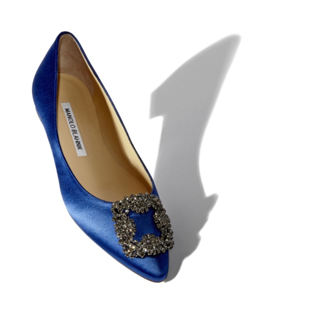 Manolo Blahnik Hangisi Flat Blue Satin Jewel Buckle (NEW) Size 39